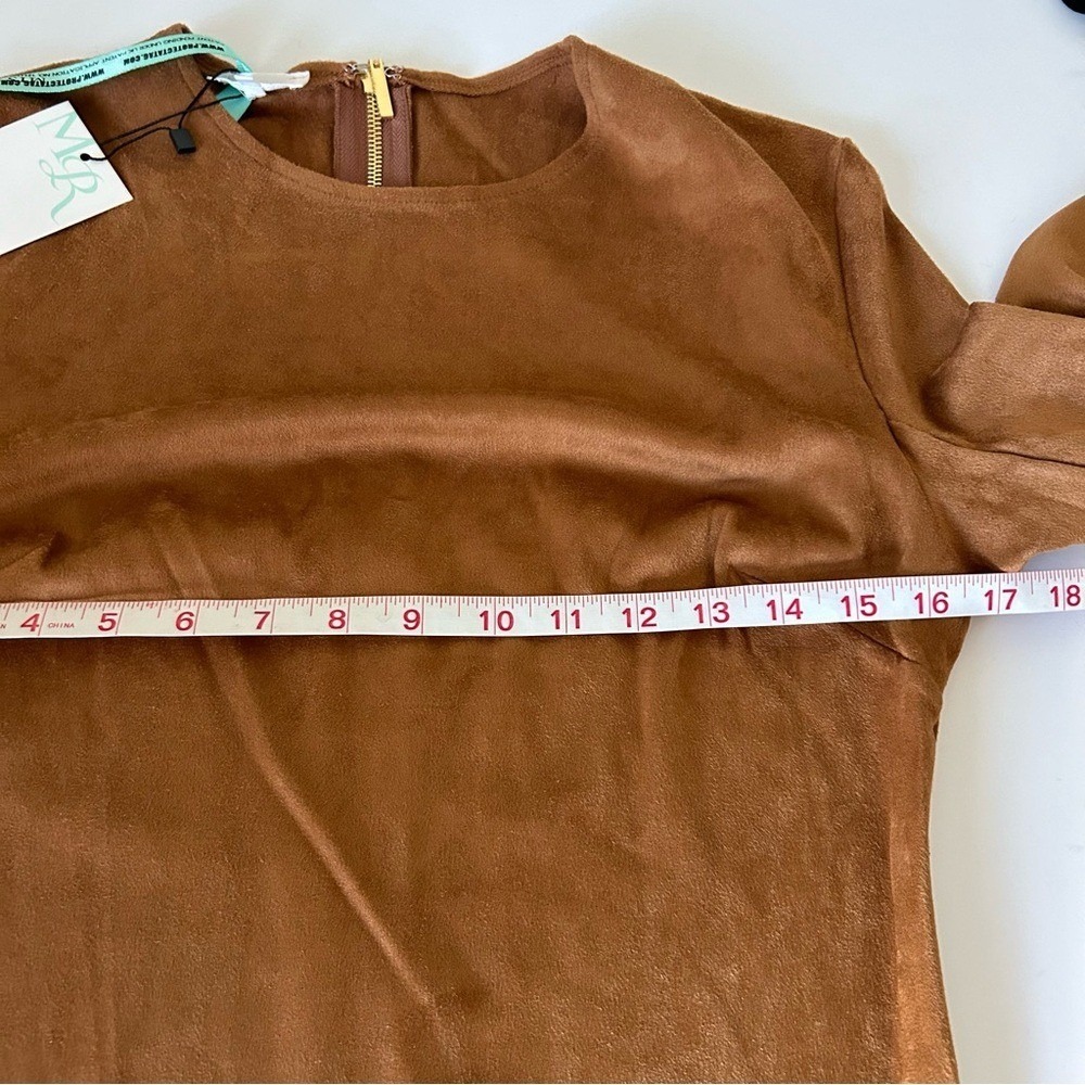 Mistress Rocks Long Sleeve Round Neck Tan Vegan Suede Asymmetric mini Dress - L - Picture 7 of 8